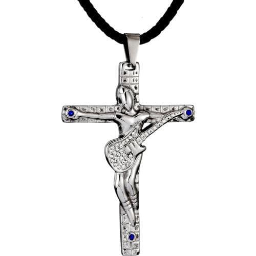 Guitar Cross Pendants Necklaces Men Women Jewelry Stainless Steel Chain Jewelry Leather Chain Necklace Christian Crucifix
