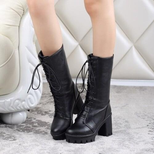 JETT DRAGON Winter The New Womens Boots Mid Boots Lace Up Thick Heel High Heels Big Size 34-43 Heel 9cm Black White Brown