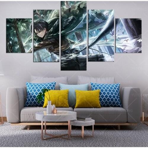 Canvas Print Painting Wall Art 5 Panel Levi-Ackerman Attack On Titan Anime Poster Pictures For Living Room Home Decoration Frame