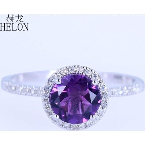 HELON Solid 14K White Gold Flawless Round 7mm Genuine Natural Amethyst Diamonds Engagement Wedding Fine Jewelry Diamond Ring