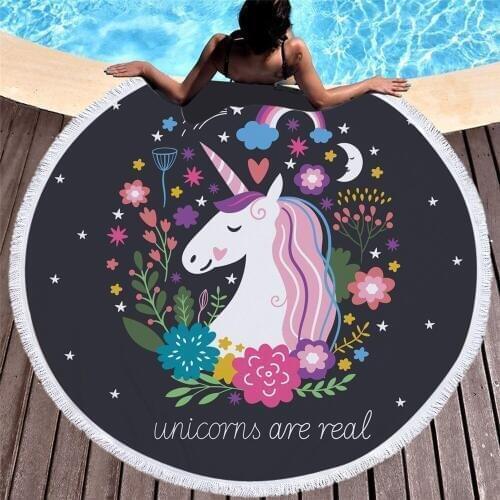 Creative fashion tassel activity prind towel cartoon animation pink black Unicorn seaside travel camping beach towel microfiber