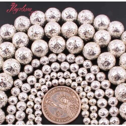 6,8,10,12mm Round Sponge Silvers Volcanic Lava Rock Stone Loose Beads for DIY Women Men Necklace Bracelat Jewelry Making 15"