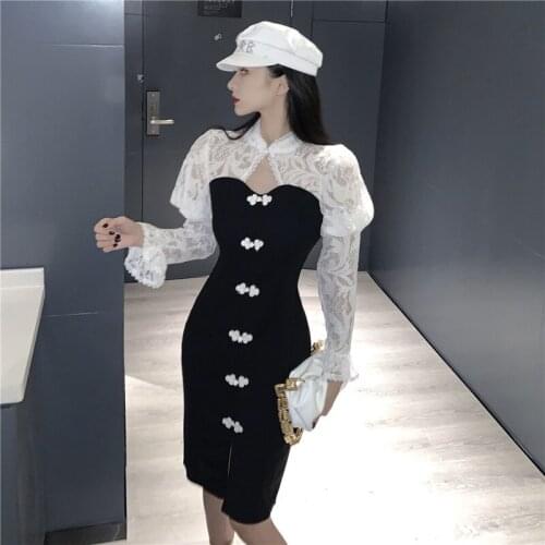 Fashion Chinese Women Improved Cheongsam Dress Clip Buttons Lace Stitching Pencil Dress Puff Sleeve Retro Hollow Out Mini Dress