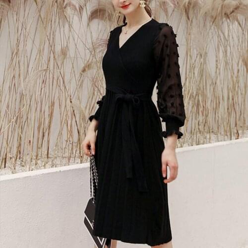 Fashion Women Chiffon Midi Dress Long Lantern Sleeve Deep V Style Splice Dresses for Fall Spring JL