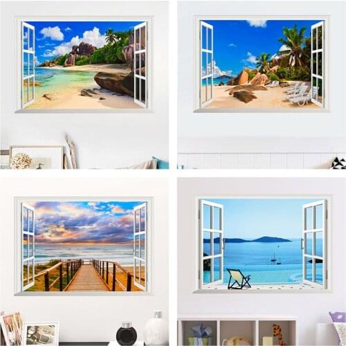 Seashore Scenery Island 3d Window Wall Stickers For Office Shope Home Decoration Diy Wall Mural Art Landscape Pvc Decals