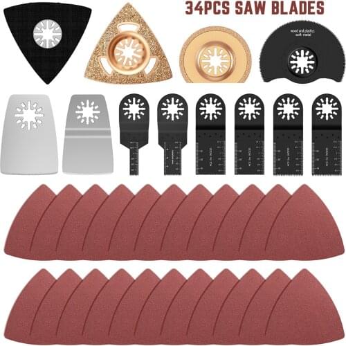 34 Pcs Oscillating Saw Blade Set Multitool Renovator Precision Saw Blades with Finger Sand Paper for Metal/PVC/Wood/Tile Cut