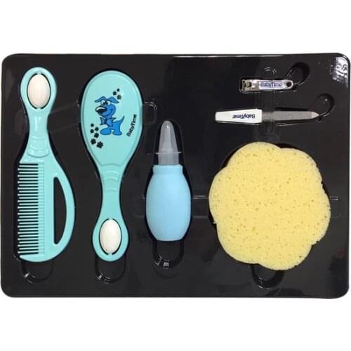 Baby Care Set - Blue or Pink - Comb - Silicone Nasal Aspirator - Nail Clipper - Bath Sponge - Soft Touch