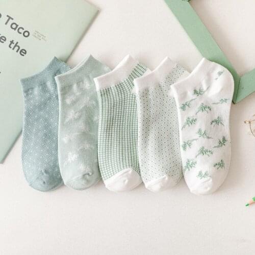 5 Pairs Womens Socks Cotton Green Forest Series Design High Quality Casual Sport Short Kawaii Girl Cute Gift Crew Ankle Socks