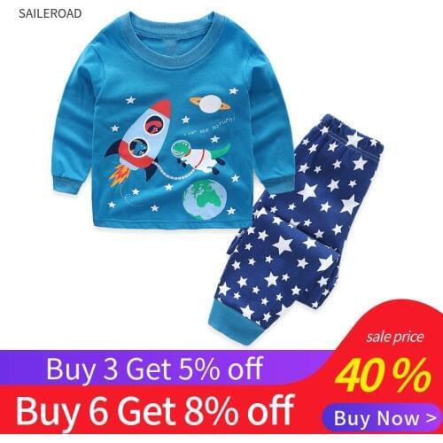 TUONXYE New Childrens Autumn Pajamas Sets Baby Boy Girls Cartoon Rocket Long Sleeve Pijamas Kids Infant Cotton Sleepwear Suit