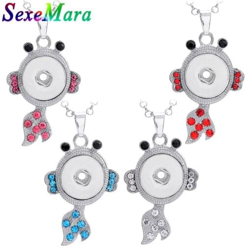 New Snap Button Jewelry Snap Necklace Crystal Fish Pendant Necklace Fit 18mm Rhinestone Snap Button Jewelry for Women Men