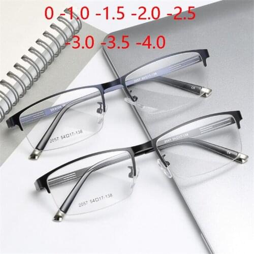 Ultralight Half Frame Finished Myopia Glasses Male Business Square Men Optical Eyeglasses 0 -1.0 -1.5 -2.0 -2.5 -3.0 -3.5 -4.0