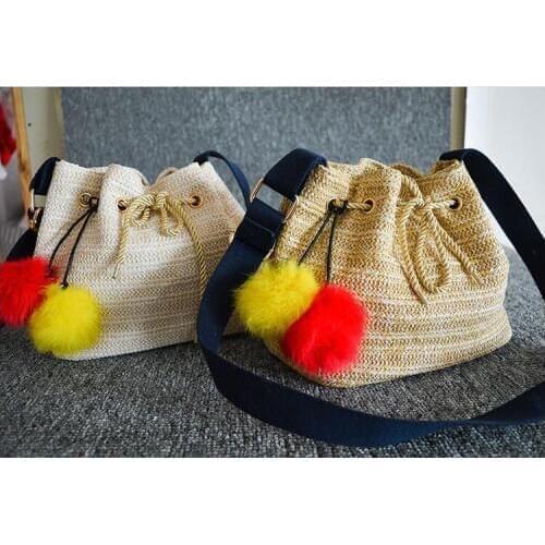 Beach Bag for Summer small Straw Bags Handmade Woven Tote Women Travel Handbags Luxury Designer Hair ball bag