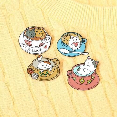 Hi friend！Custom Cute Cats Coffee Enamel Pin Brooch Bag Clothes Lapel Pin Cafe Kitten Badge Animal Jewelry Gift for Kids Friends