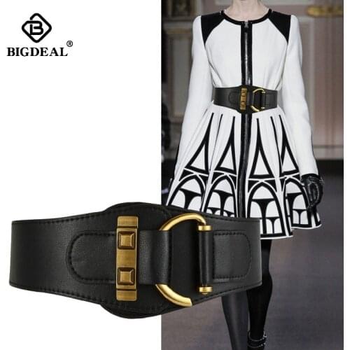 New Vintage Gold Semi-circular Buckle Wide Belt Female Cowskin Genuine Leather Waist Belts for Women Strap Girdle Dress Coat