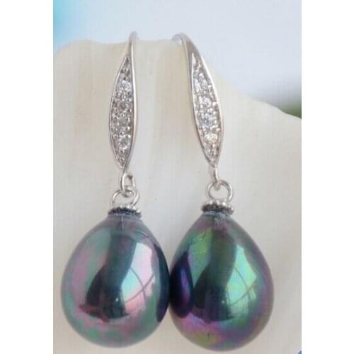 Hot sale Free Shipping>>>>>>16MM PEACOCK BLACK TEARDROP SOUTH SEA SHELL PEARL DANGLE EARRING