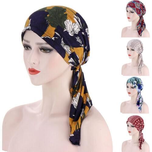 Women Flower Muslim Long Folds Cancer Chemo Hat Beanie Scarf Turban Head Wrap Cap Printed Headwear Lady Hats New