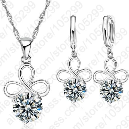 High Quality Gift 925 Sterling Silver Jewelry Cubic Zircon Lucky Leaf Pendant Necklaces Woman Girl Drop Earring Wedding Set