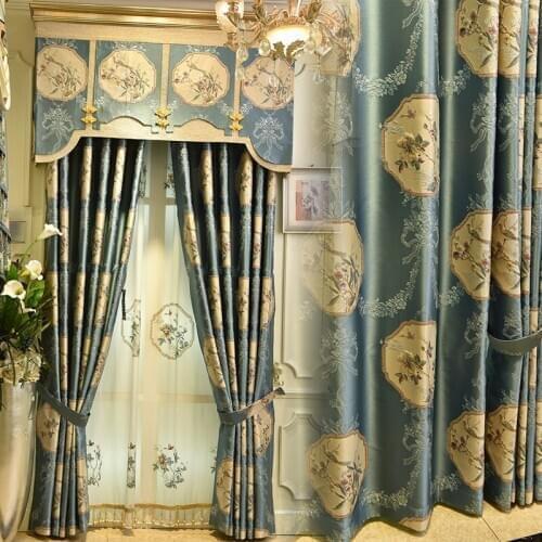 Custom curtains European living room high-grade embroidery Dutch velvet blue cloth blackout curtain tulle valance drape B407