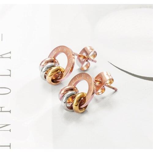 Wholesale Stainless Steel Rose Gold Color Circles Decorating vintage Stud Statement Earrings for Women New Fashion Jewelry Gift