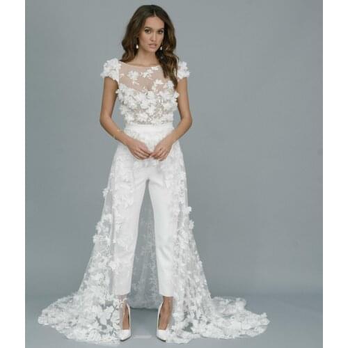 Elegant Wedding Jumpsuit with Long Train 3D Floral Applique Backless Bridal Pants Suit Illusion Cap Sleeves Vestidos De Novia