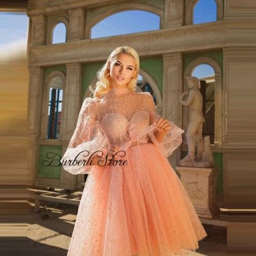 Sweet Peach Pink Star Tulle Summer Women Dress Puff Cap Sleeves Sexy See Thru Short Prom Gowns Girl Dress To Brithday Party