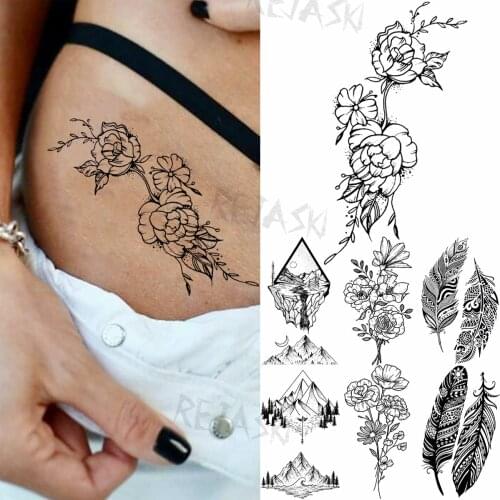 3D Peony Sexy Waist Temporary Tattoos For Women Girl Feather Mountain Sea Realistic Fake Tattoo Waterproof Body Art Tatoos Decal