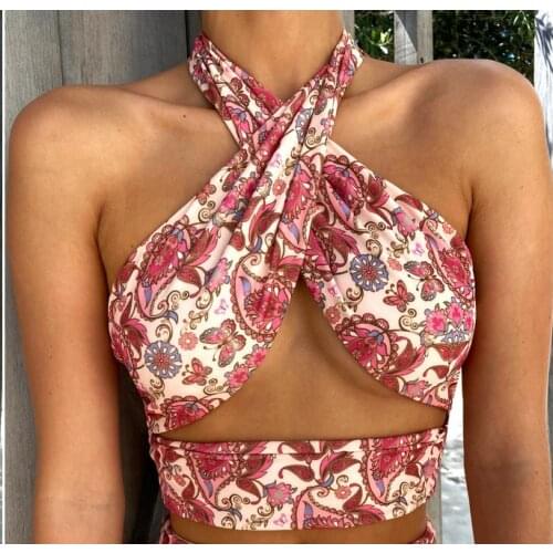 Hollow Out Floral Halter Cross Tank Top Womens Vintage Printing Vest Sexy Bandage Exposed Navel Slim Fit Camisole