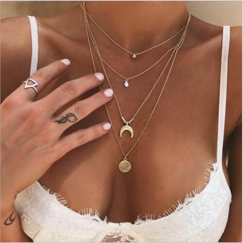 Bohemian Vintage Multilayer World Map Moon Pendant Necklaces Women Gold Chain Round Circle Clavicle Necklace Jewelry