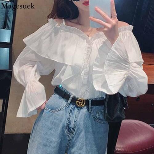 Elegant Ruffle Blouse Women Autumn Fashion Pleated Shirt White Sexy One-shoulder Sling Blouse Women Long Sleeve Top Blusas 16412