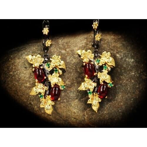 Elegant Female Bohemian Ruby Flower Plant Pendant Earrings Black Gold Crystal 925 Silver Wedding Earrings Retro Cocktail Jewelry