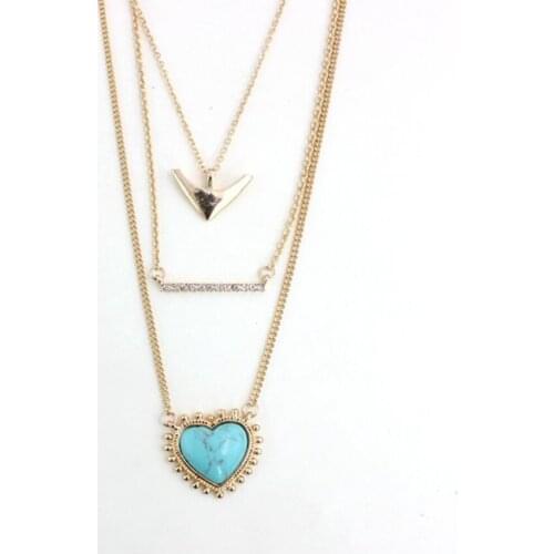 FYSL Light Yellow Gold Color Multi Layer Love Heart Pendant Link Chain Necklace Green Turquoises Stone Jewelry