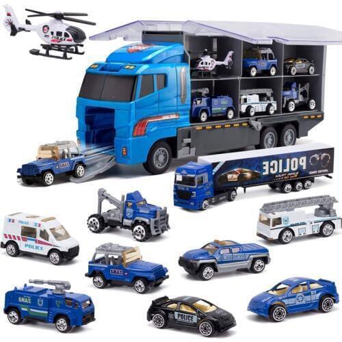 Ho10-In-1 Police Transport Truck Mini Die-Cast Toy Car Loaded Car Toy Set with multiple designs and features Including semi-truc