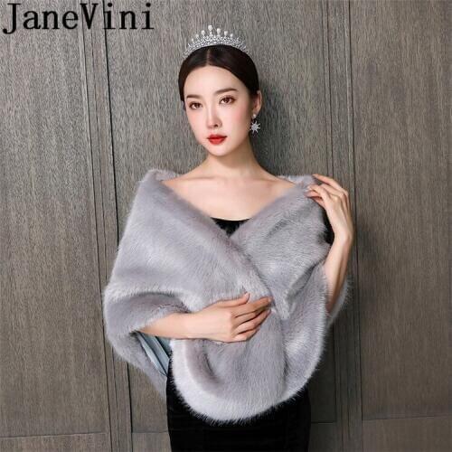 JaneVini Gray Fur Shrug Bridal Boleros Wedding Wrap and Jackets Winter Bride Faux Fur Shawls Stoles Women chamarras para mujer