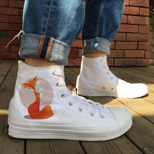 Wen Original Design Simple Geometrical Fox Image White Canvas Shoes Women High Top Black Sneakers Skateboarding Shoes Men
