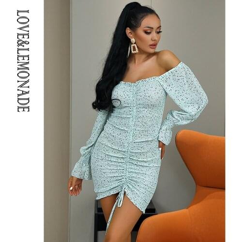 LOVE&LEMONADE Sexy Tube Top Elastic Drop Shoulders Bubble Long Sleeves Black Flower Print Chiffon Bodycon Mini Dress LM82720-4