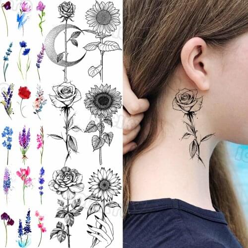 Rose Small Temporary Tattoos For Women Girls Realistic Sun Flower Lavender Zinnia Flower Fake Tattoo Sticker Neck Arm Tatoos