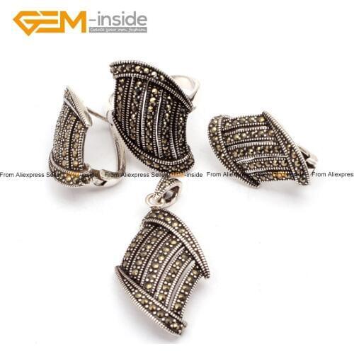 Marcasite Stairs Shape Antiqued silver colour Ring Earrings Pendant Jewelry Set Fashion Jewellery Free Shipping Wholesale Gem