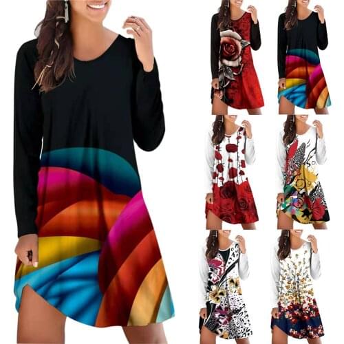 2021 European and American hot style fashion personality multi-color printing loose and versatile long-sleeved A-sub dress