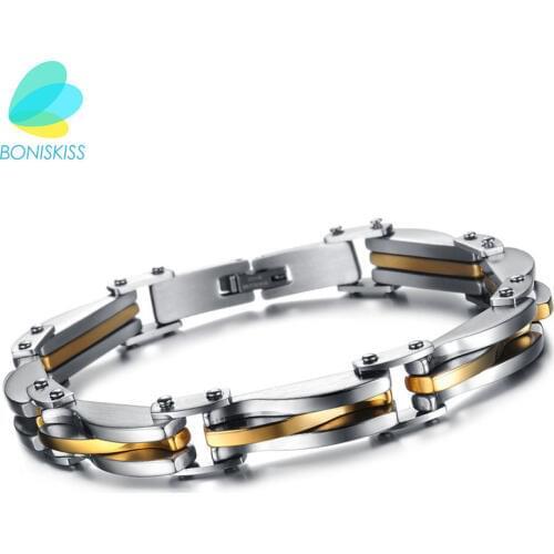 BONISKISS Punk Style 316L Stainless Steel Two Tone Mens Bracelet Link Chain Biker Bicycle Jewelry Bracelets pulseira masculina