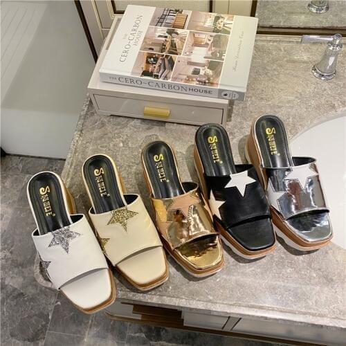 Brand Platform Slippers Women Wedges Slip on Shoes Star Patchwork Mules Casual Shallow Heels Slides Summer Sandalias Mujer