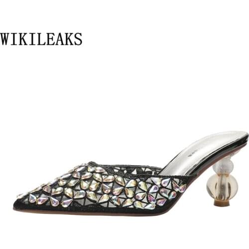 Mules Shoes Women Crystal Slippers Women Summer 2021 Ladies Slippers Pumps Women Shoes High Heels Sexy House Slippers Zapatos