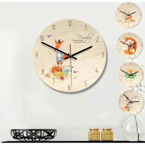11inch Retro Creative Cartoon Wall Clock European Minimalist Wooden Decorative Clock Kids Wall Clock Home Decor Fox and Forest