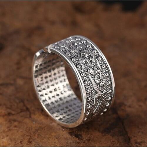 Real S999 pure silver Pisces Heart Sutra, adjustable man and woman rings Thai silver Vintage lettering scripture good luck ring