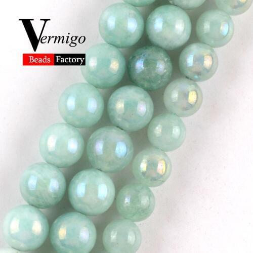 Natural Light Green Jades Plating AB Gem Baeds For Jewelry Making 4 6 8 10mm Round Beads DIY Necklaces Bracelets Accessories 15"
