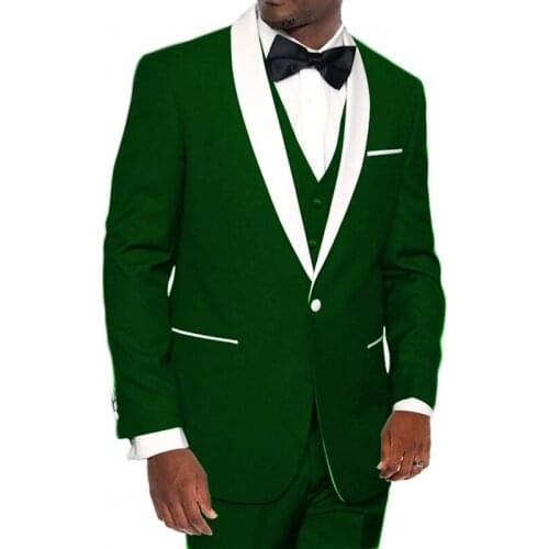 Brand New Men Suits Green Groom Tuxedos Shawl White Satin Lapel Groomsmen 3 Pieces ( Jacket + Pants + Vest + Bow Tie ) D277