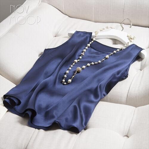 Novmoop high street casual loose style 100% silk summer tops women multi-color bottoming sleeveless shirt haut femme LT3101
