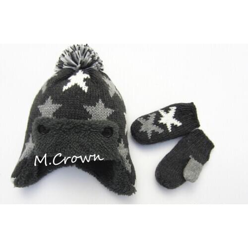 New Style Winter Boys Jacquard Star Beanies Set with Fake Fur Linings