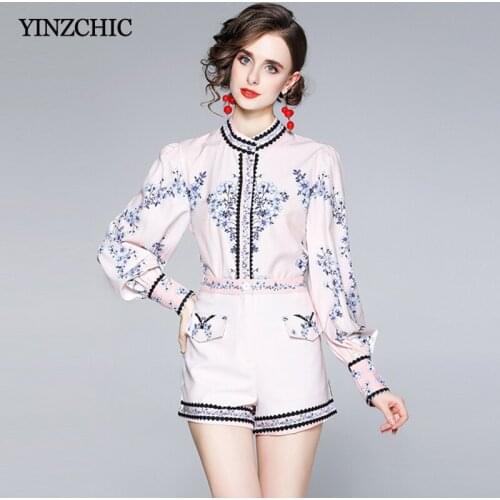 Autumn New Woman Blouse Shorts Suits Stand Collar Shirt + Short Pants Set for Office Lady Floral Print Lartern Sleeve Blouse