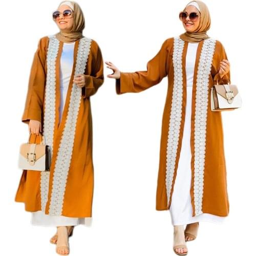 Dubai Open Kimono Cardigan Lace Patchwork Long Dress Abaya Middle East Turkish Middle East Malaysia Islamic Ramadan Arab Jilbab