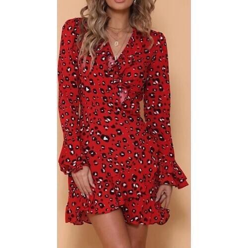 #Z45 Sexy V-Neck Leopard Dress Women Autumn Winter Long Sleeve Ruffled Hem Flare Sleeve Party Wrap Mini Dress vestidos femininos